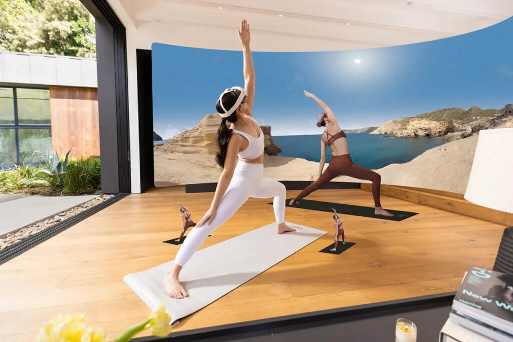 An augmented reality experience with several yoga instructors as volumetric captures performing a pose while wearing virtual reality headsets.