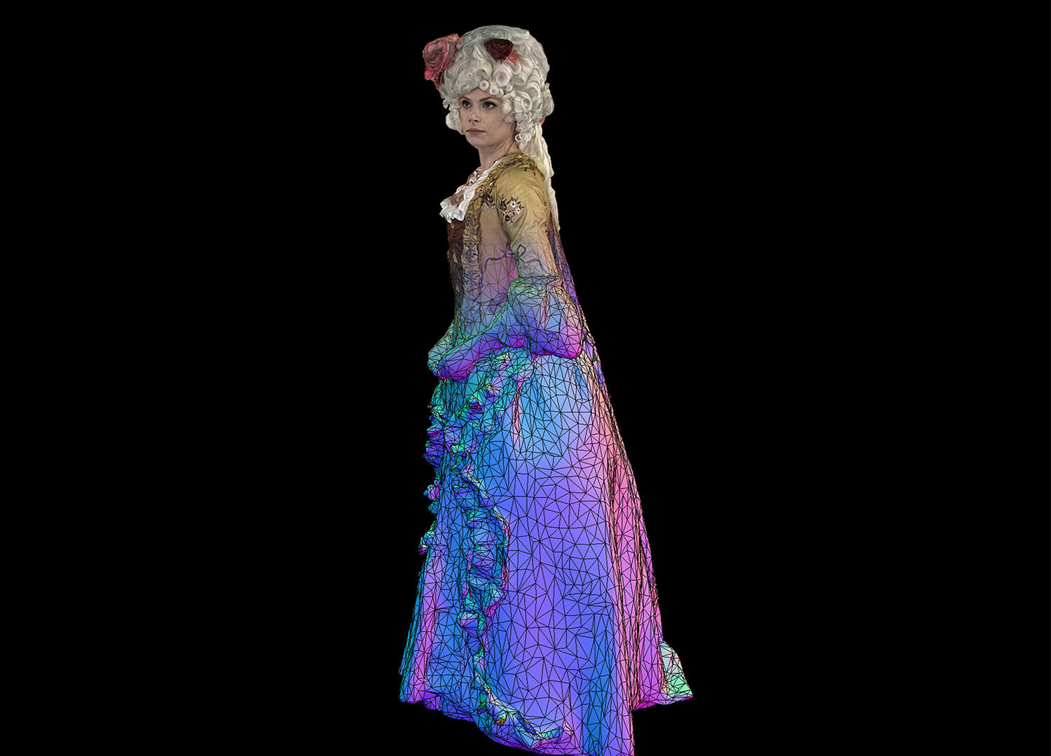 Woman in a baroque dress is captured volumetrically in 3D, her silhouette smoothly transitions from photorealistic texture to polygon mesh with normals color.